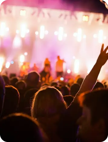Crowd facing a brightly lit stage
